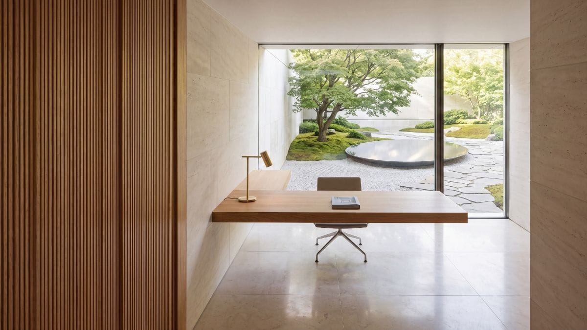 Sunlit modern executive study with warm oak paneling and minimalist floating desk.
