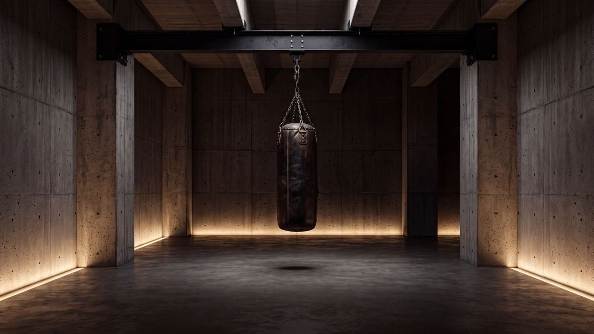 Unpopulated minimalist luxury training room with a single black leather heavy bag and concrete walls.