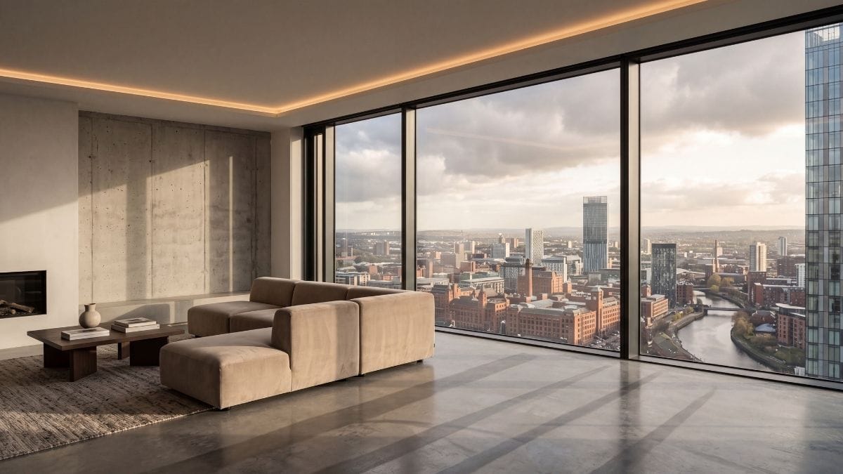 Minimalist penthouse living space with a high-rise panoramic view over Manchester.