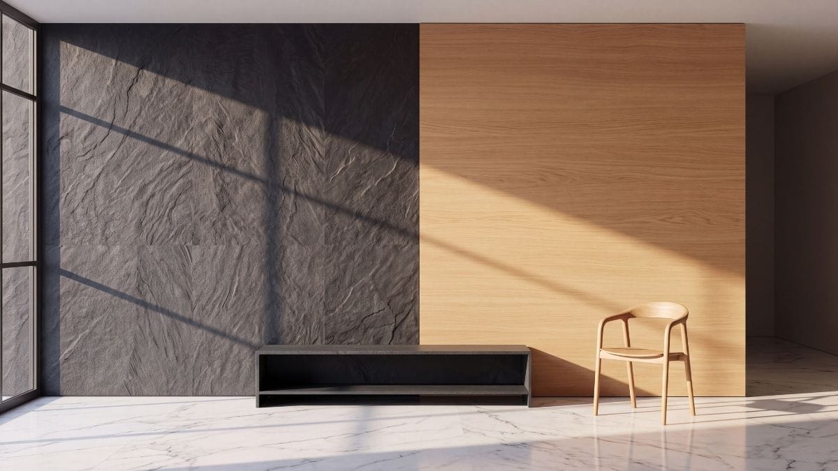 Minimalist architectural wall showing a smooth contrast between dark slate and light oak wood.