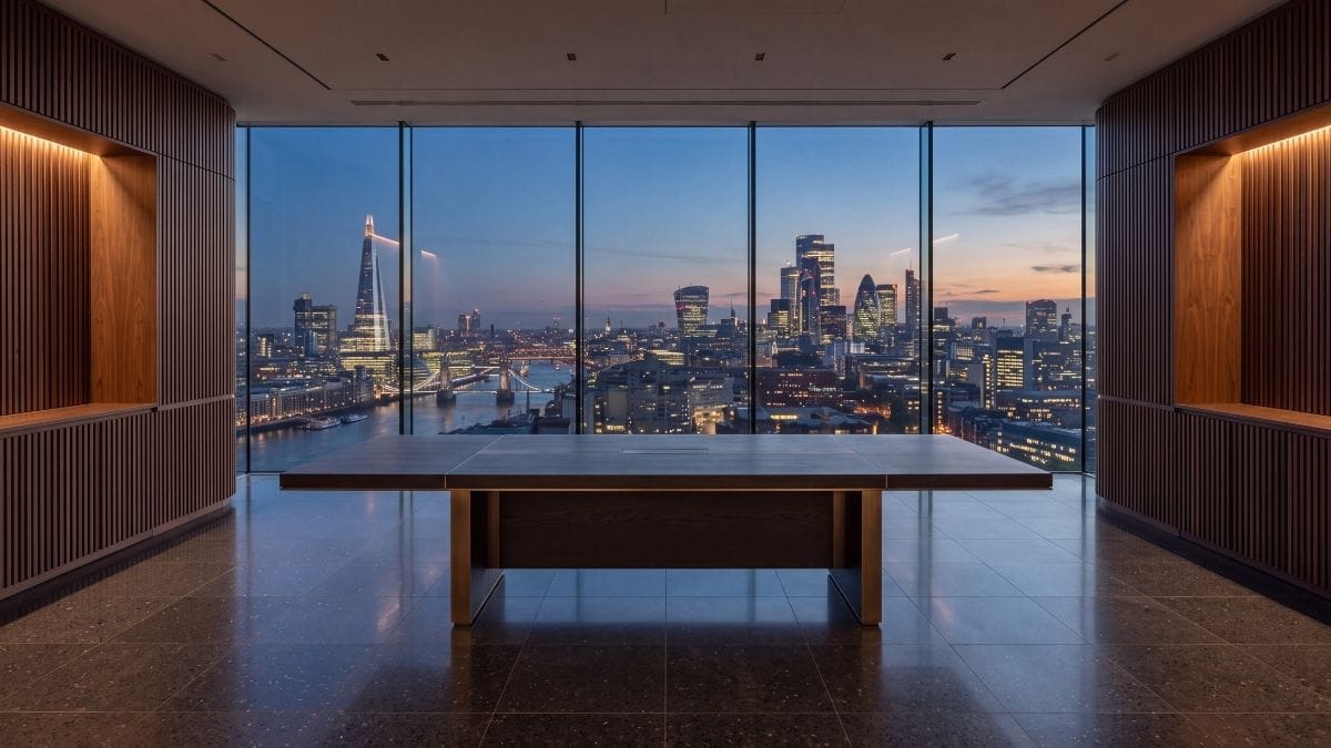Minimalist executive advisory lounge with dark smoked oak table and panoramic cityscape at dusk.