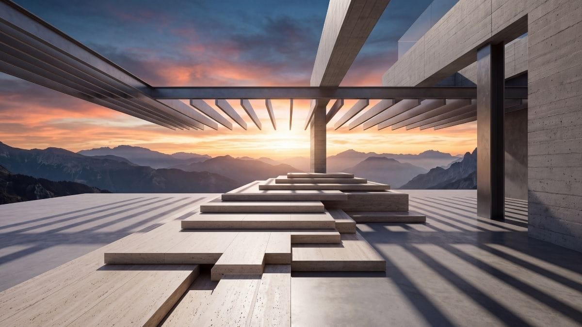 Stepped travertine pavilion with cantilevered titanium louvres overlooking a glowing mountain sunrise.