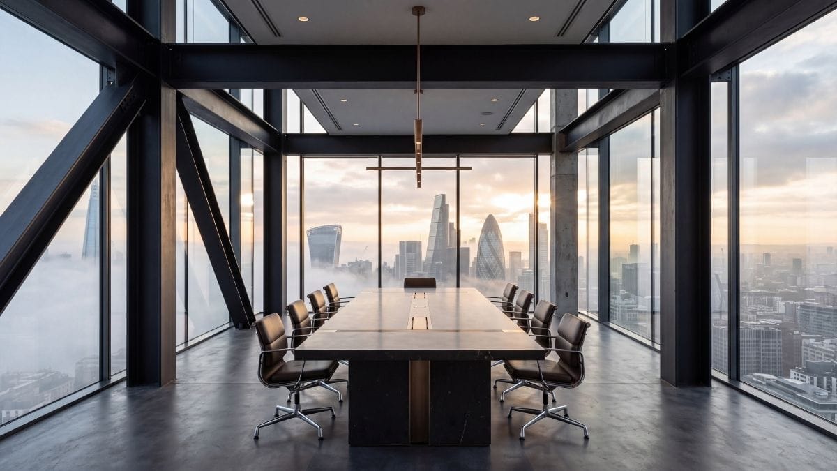 High-altitude executive boardroom with matte black steel beams and dark basalt table overlooking city skyline at dawn.