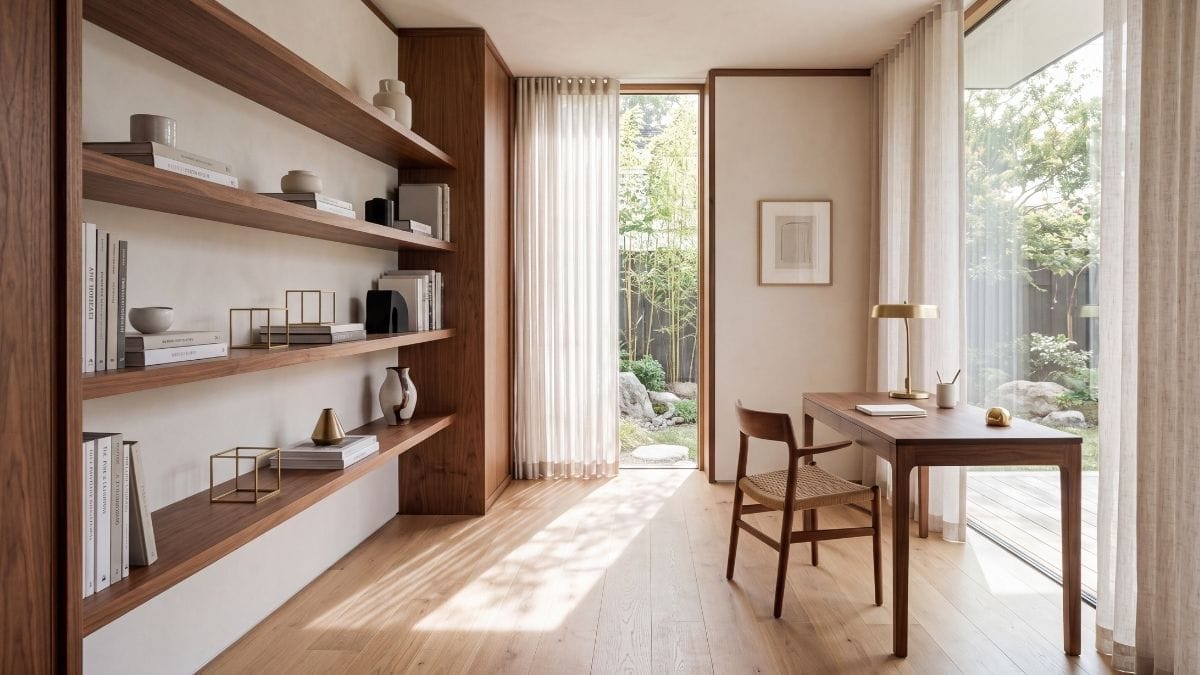 Minimalist organized interior sanctuary with custom walnut shelving and soft daylight through linen curtains.