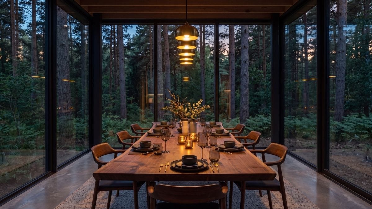 Monolithic live-edge walnut dining table inside a modern glass pavilion surrounded by pine forest.