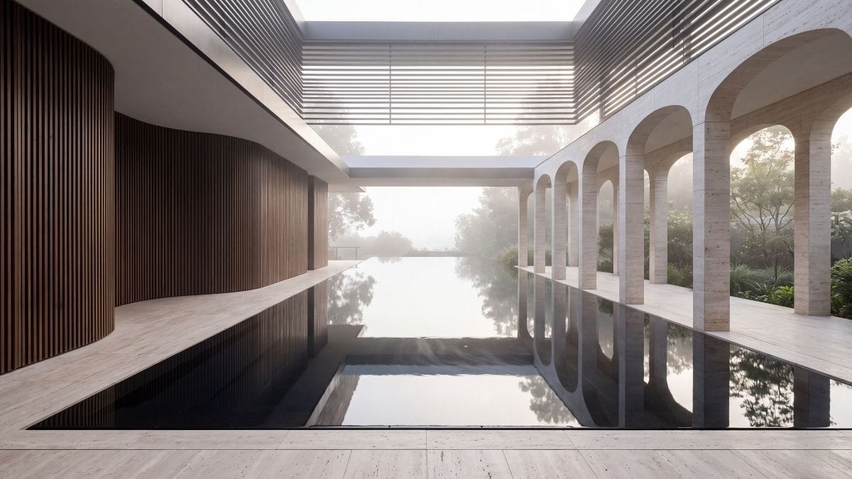 Minimalist luxury courtyard with still reflecting pool, travertine stone colonnades, and soft morning mist.