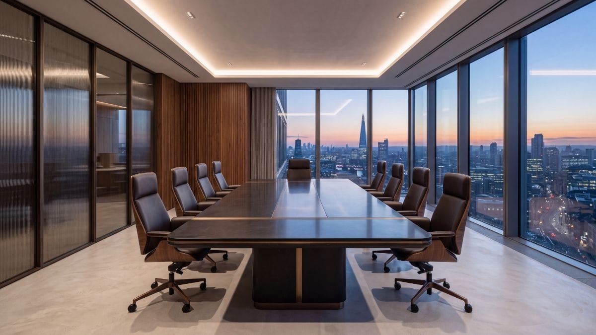 Minimalist luxury executive boardroom with basalt stone table overlooking city skyline.
