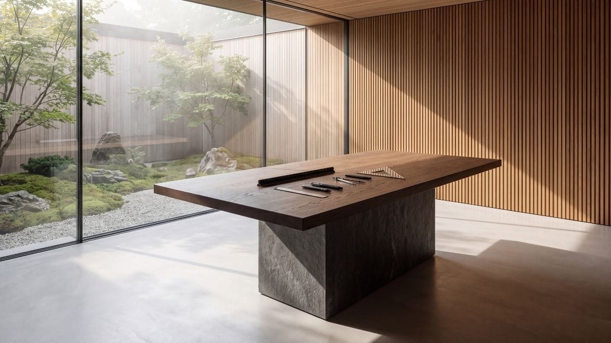 Minimalist luxury design studio with stone drafting tables, timber slats, and courtyard view.