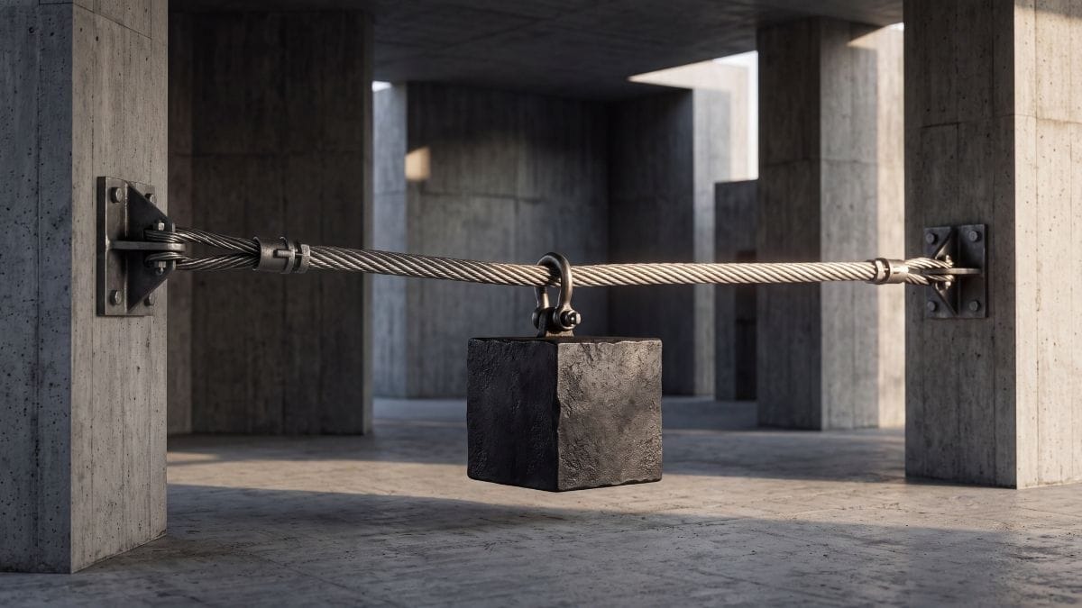 Heavy steel architectural tension cable under load in a minimalist concrete gallery.