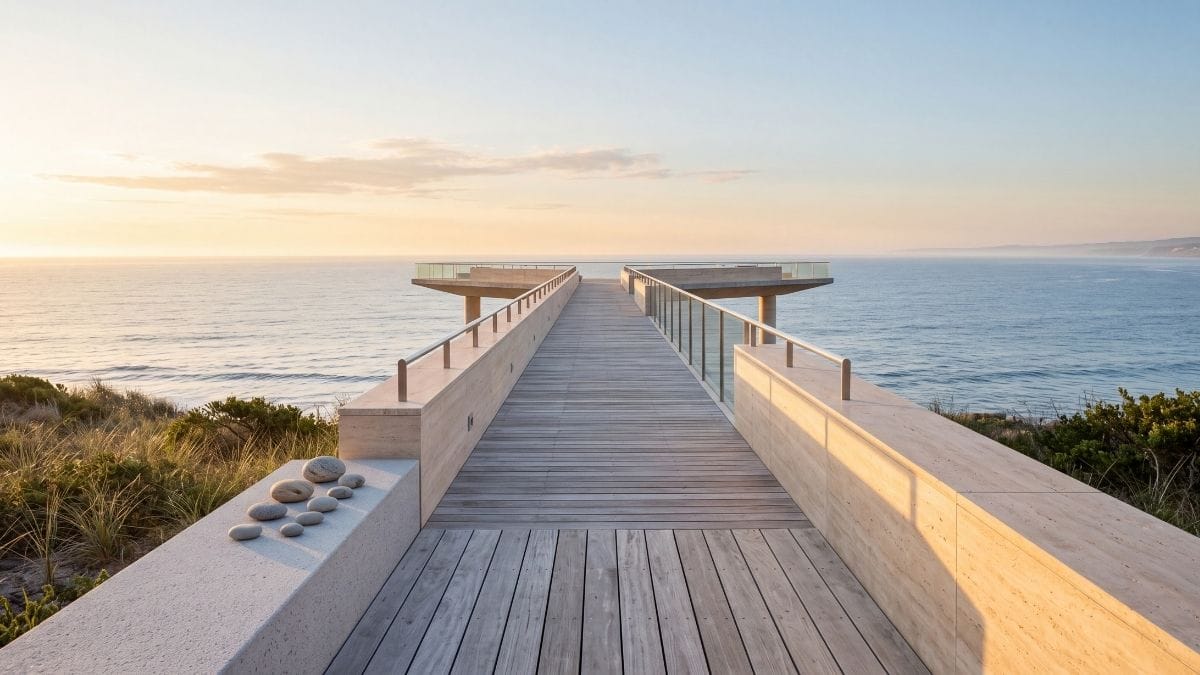 Minimalist travertine walkway extending towards an infinite sunny horizon over coastal waters.