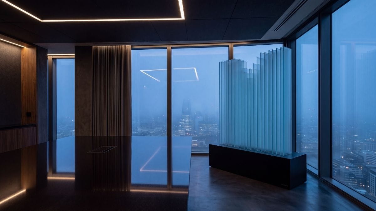 Sleek executive boardroom with acoustic glass installation overlooking a foggy skyline.