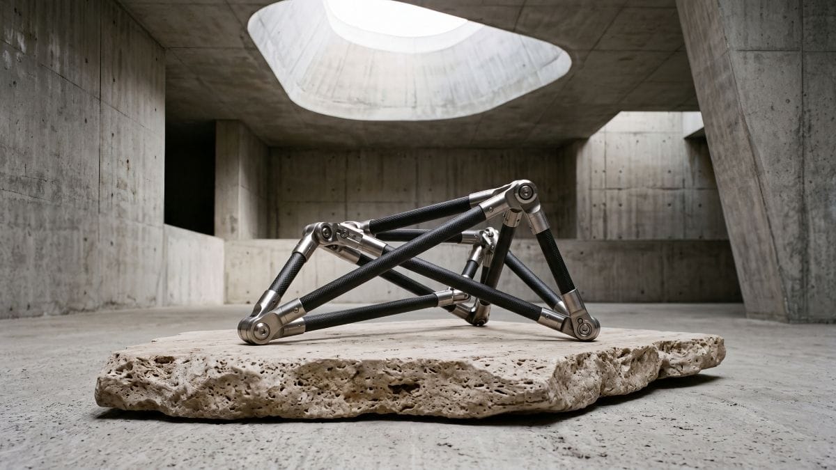 Precision titanium mechanical armature on raw stone in a minimalist gallery setting.