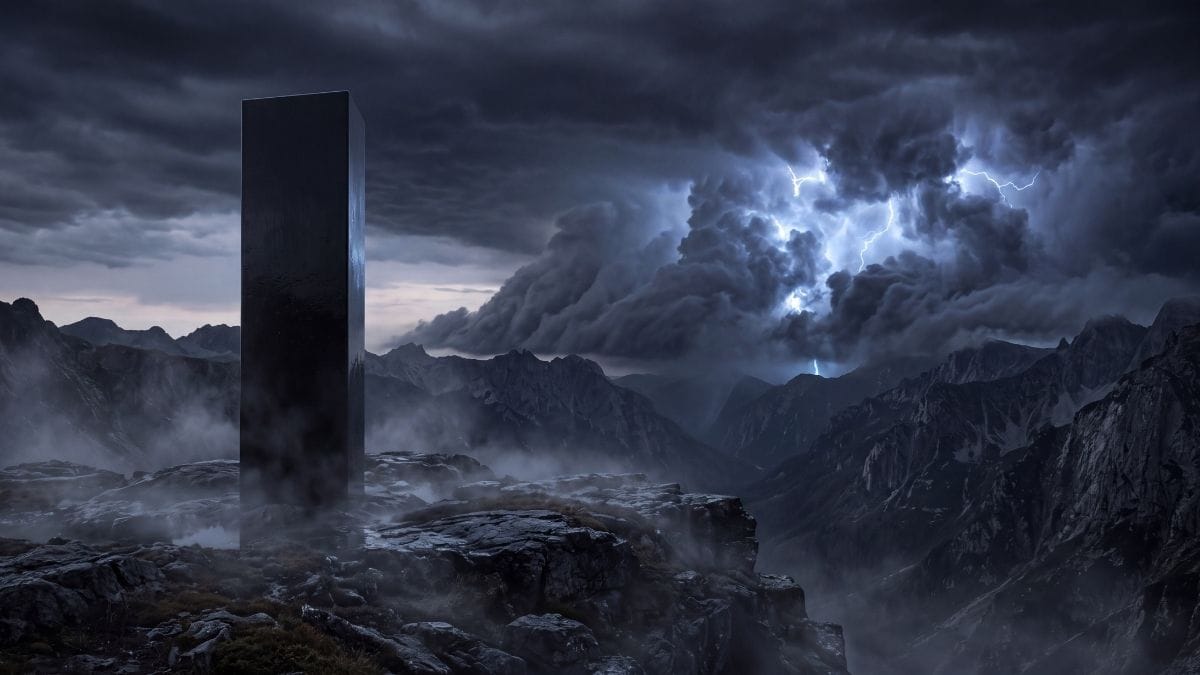 Dark basalt monolith standing still amidst a turbulent dramatic mountain thunderstorm.