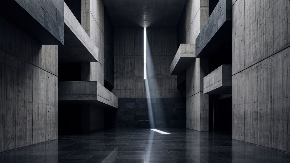 Austere brutalist concrete atrium with a single architectural light beam slicing across dark granite.