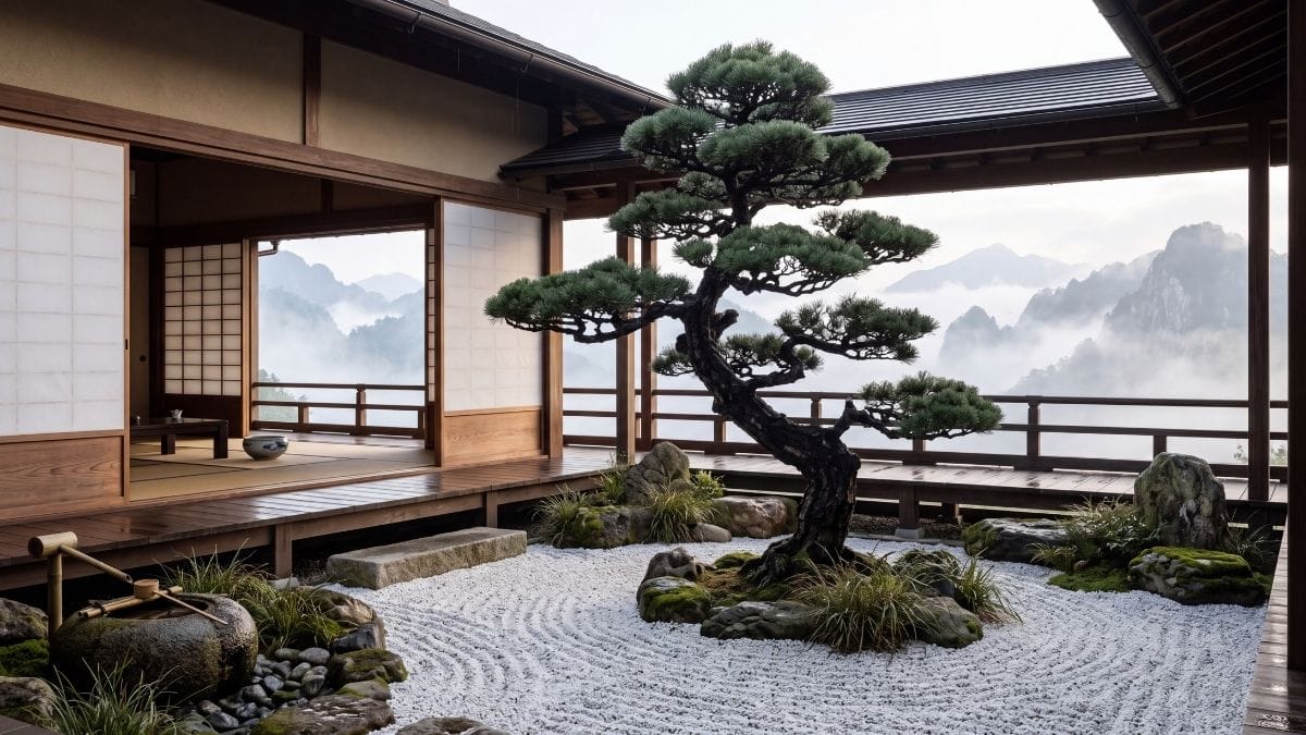 Modern Japanese courtyard with sculpted pine tree and raked gravel overlooking misty mountains.