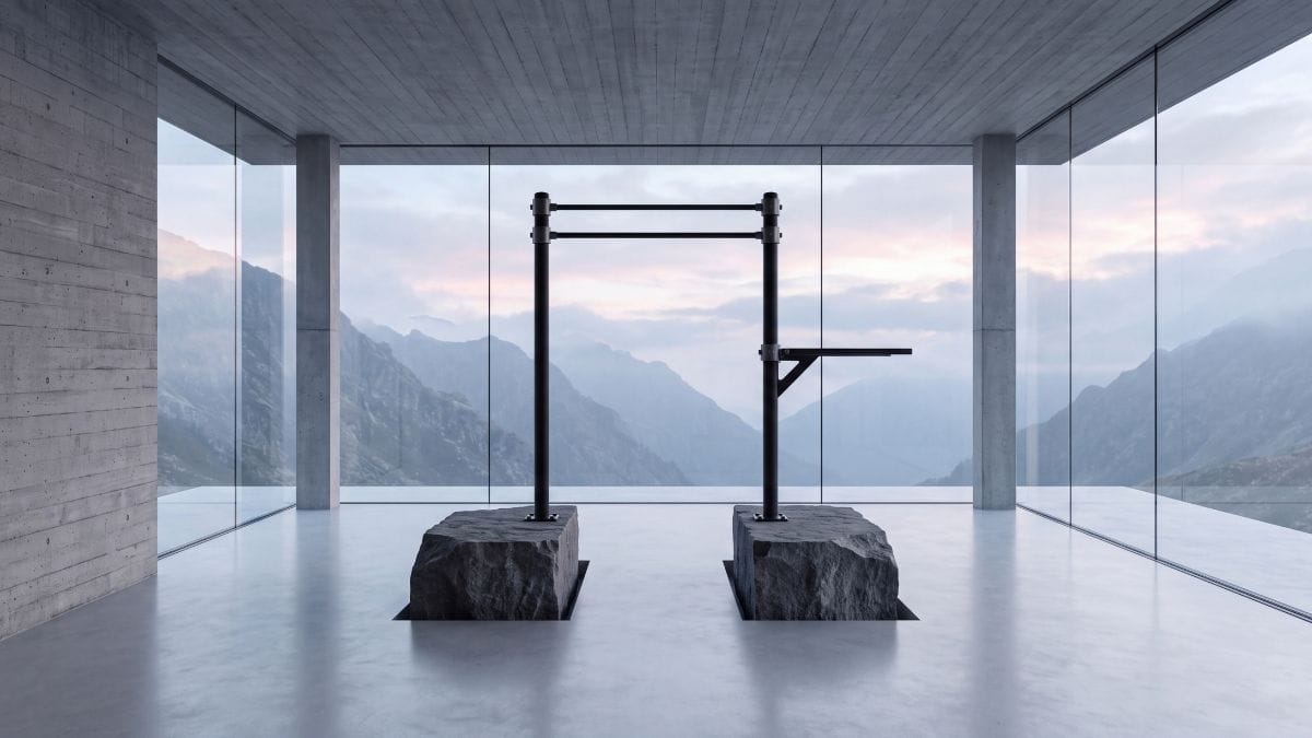 Minimalist luxury athletic pavilion with blackened steel pull-up bar, concrete plinths, and misty dawn view.