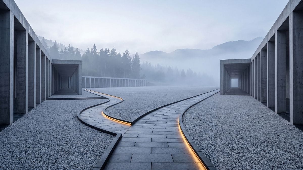 Diverging minimalist stone pathways through a serene geometric courtyard in morning mist, representing shifting paths.