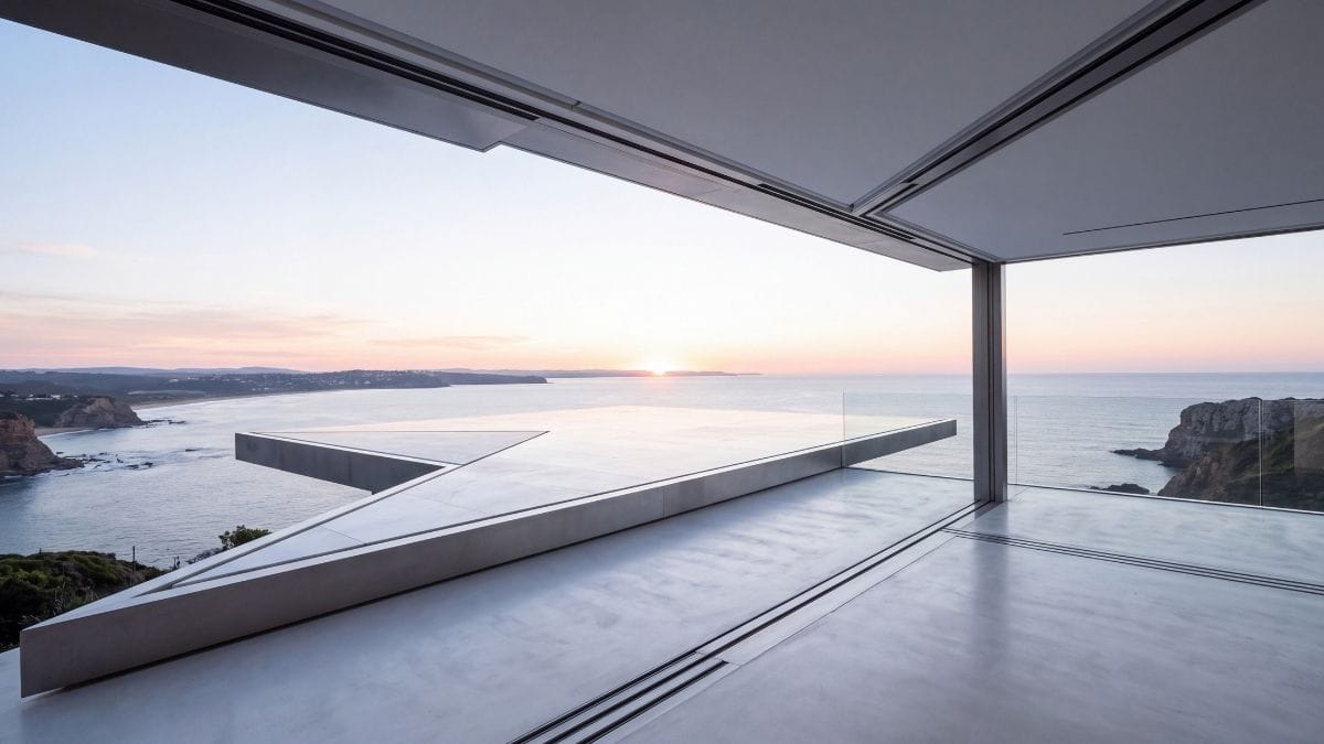 Sharp geometric quartzite pavilion framing a clear sunrise horizon over the coast.