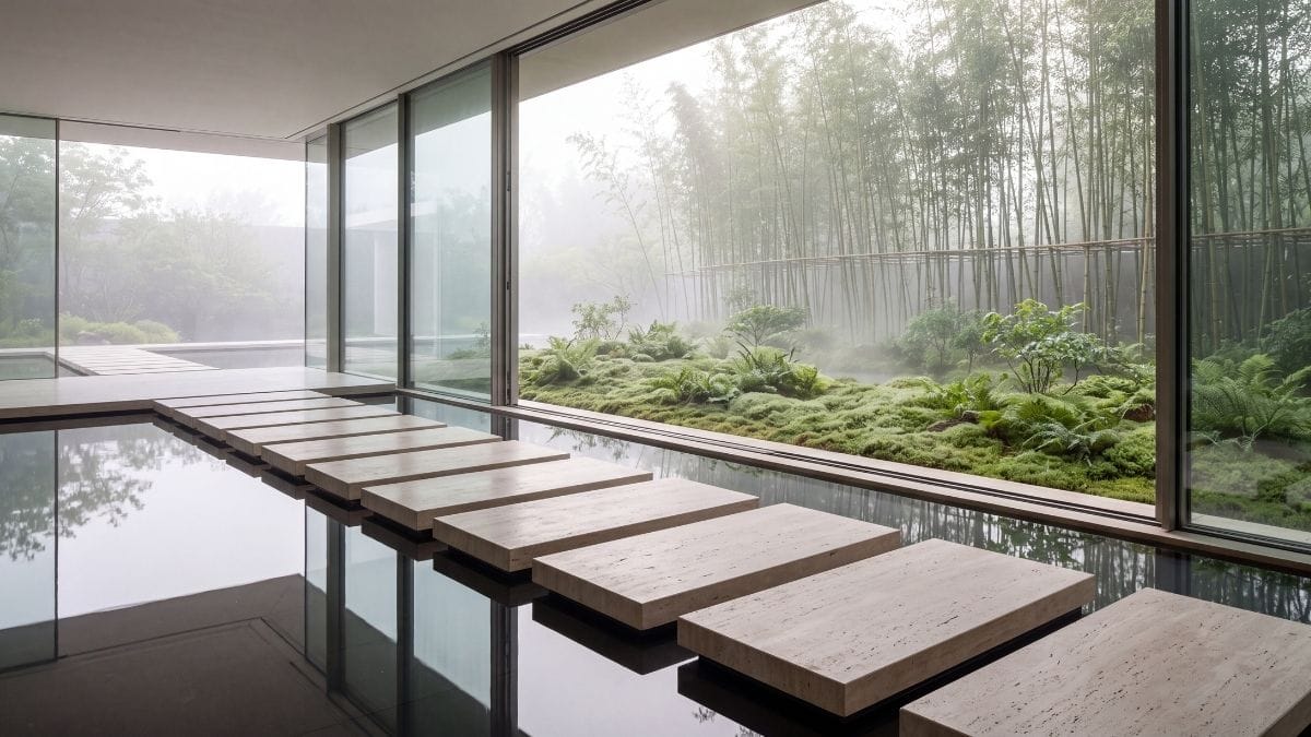 Travertine stone stepping plinths floating over still reflecting pool beside mist-shrouded garden.