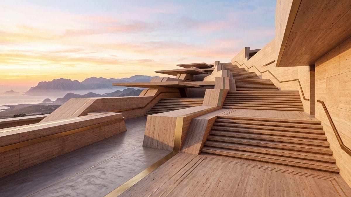 Stepped travertine architectural terraces ascending toward glowing sunrise sky.