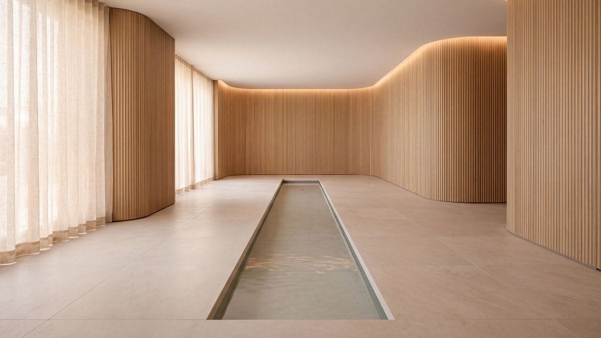 Curved acoustic timber sanctuary with limestone floors and soft diffused light for sensory regulation.