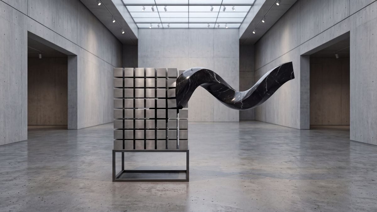Monolithic geometric and fluid sculpture in a luxury minimalist gallery illustrating the label paradox.
