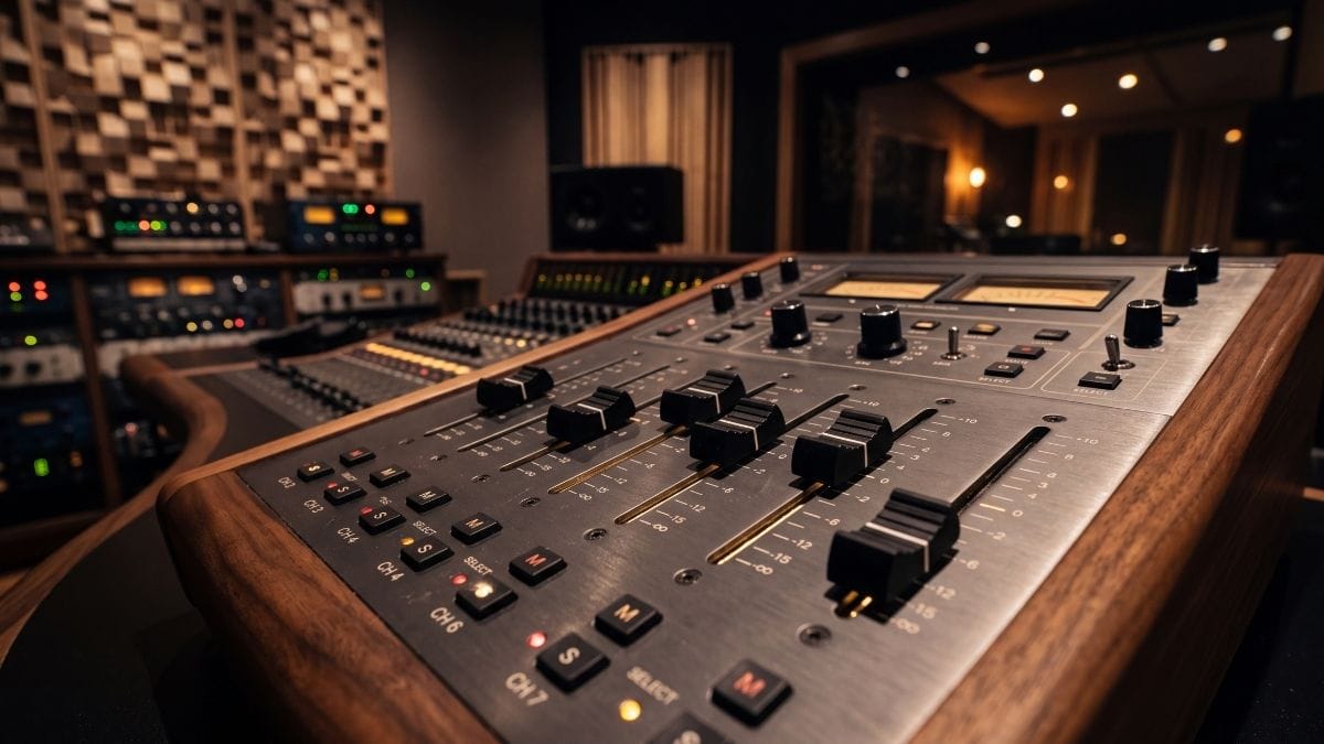 Bespoke luxury acoustic mixing console faders illustrating the multidimensional soundboard spectrum model.