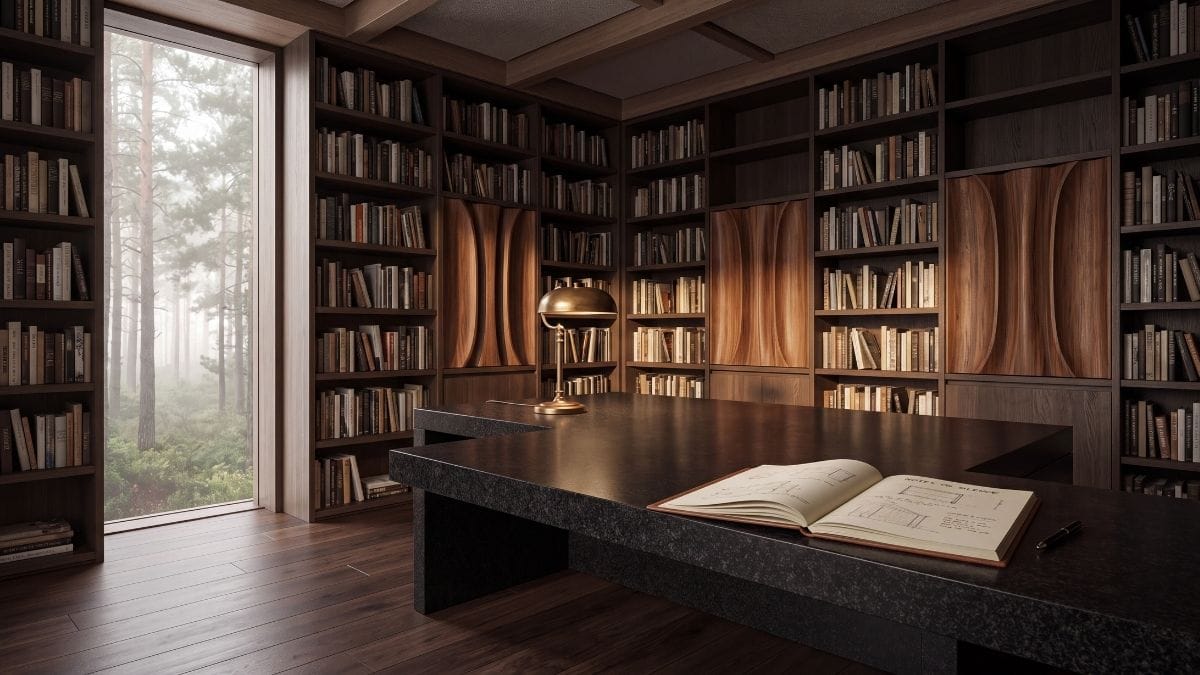 Luxury acoustic writing atelier with dark fumed oak shelving, black granite desk, and morning mist.