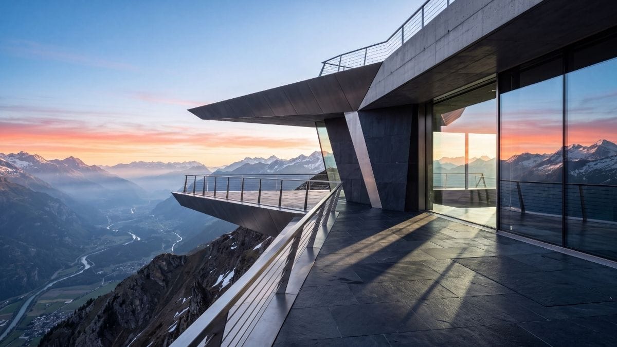 Minimalist cantilevered basalt stone platform projecting over alpine valley at sunrise with sharp geometric lines.