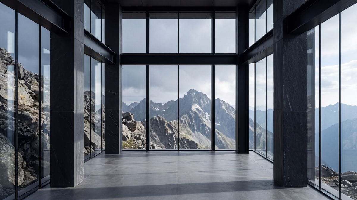 Brutalist mountain redoubt with blackened steel beams and monolithic basalt columns at dawn.