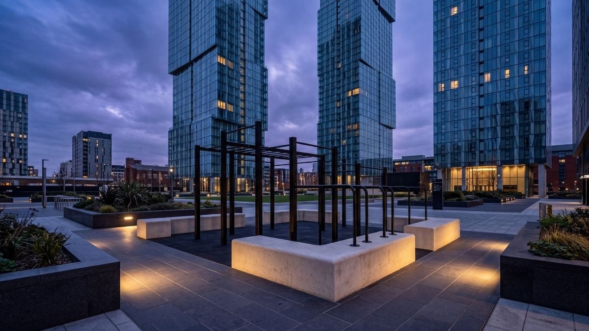 Bespoke matte-black calisthenics pavilion in a modern urban plaza flanked by soaring glass towers at twilight.