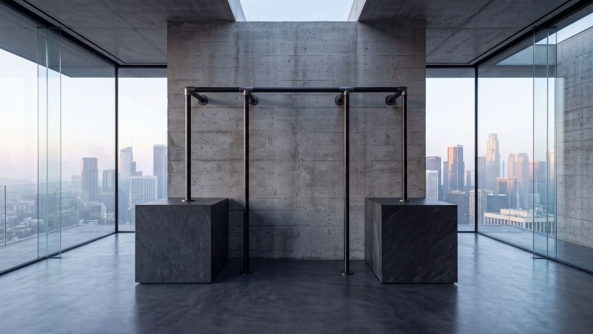 Sculptural matte blackened steel pull-up bar anchored into board-formed concrete walls at sunrise.