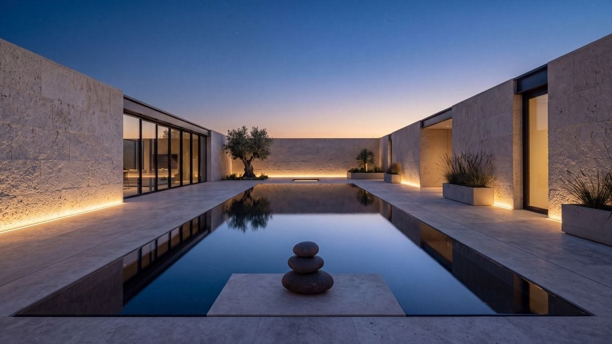 Serene dark granite reflecting pool and stone monolith at dusk evoking quiet, unshakeable dignity.