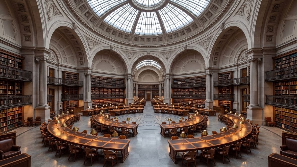 Grand domed library interior with warm oak desks and ambient brass lamps in quiet stillness, free of people.