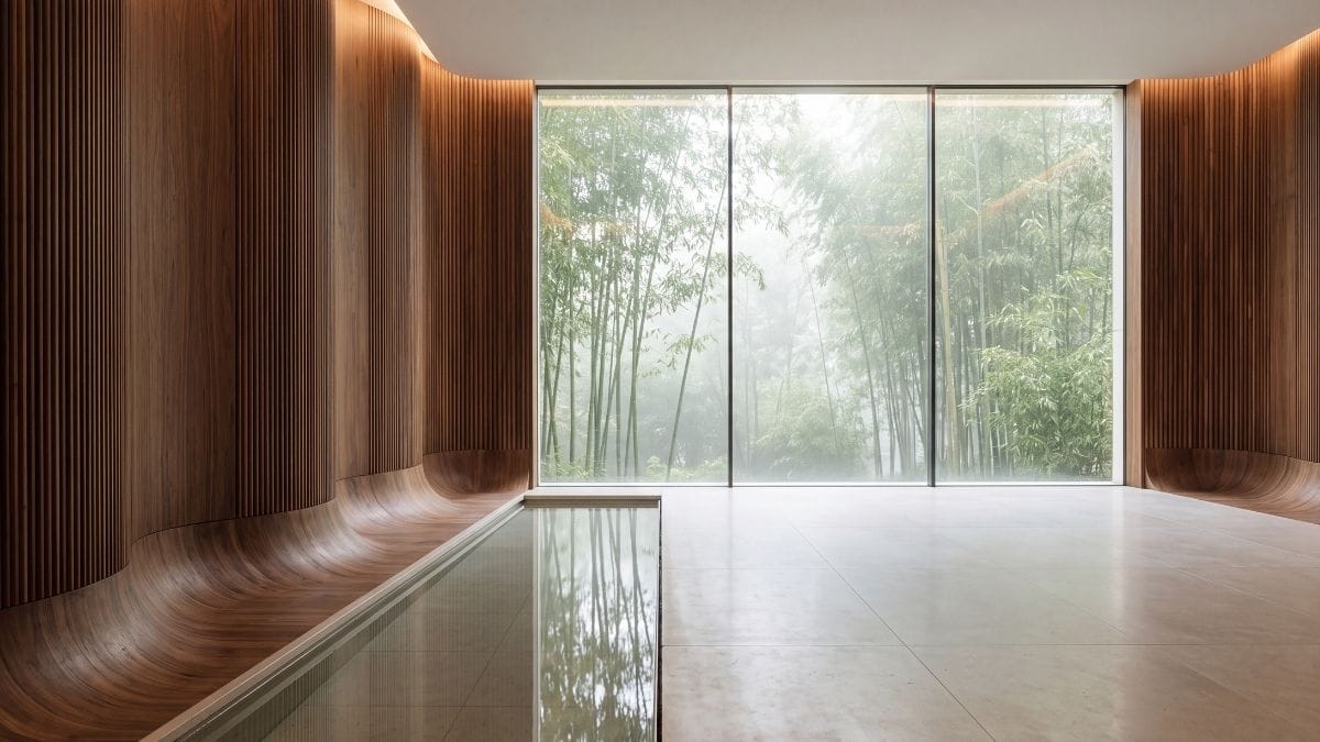 Curved acoustic walnut decompression pavilion with still water channel and misty bamboo view.
