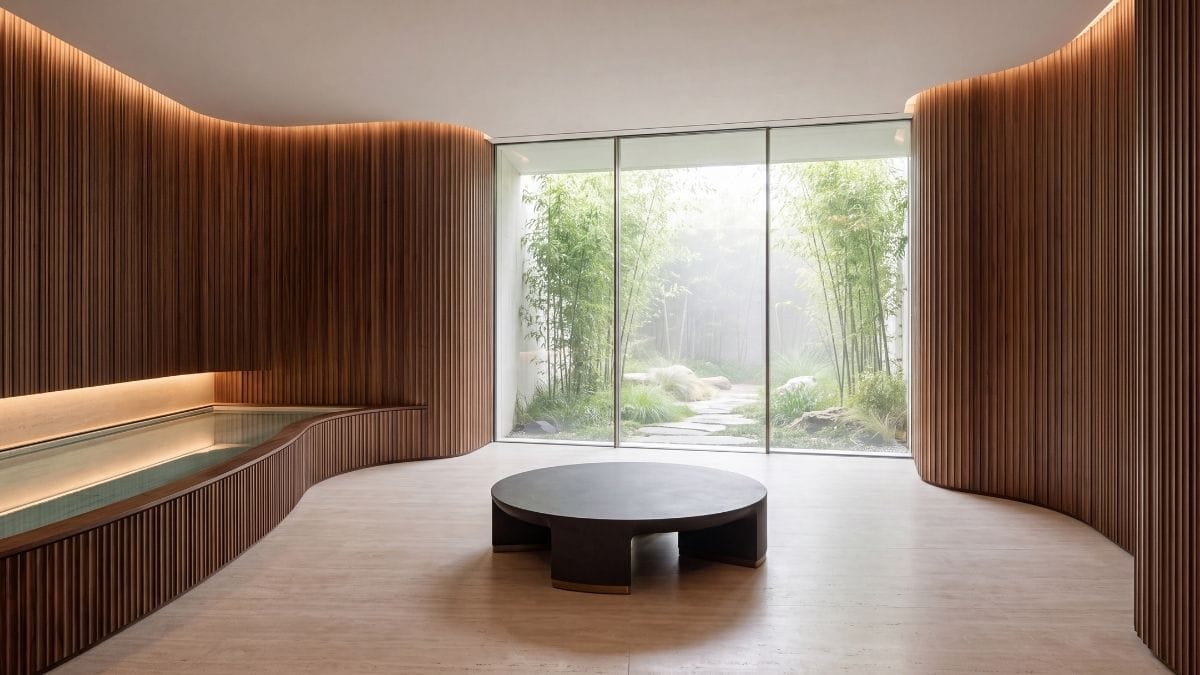 Curved acoustic walnut consultation pavilion with still water basin and misty courtyard view.