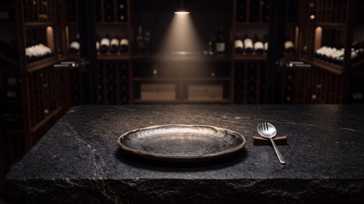 Refined dark granite table setting with handcrafted ceramic plate under warm spotlight in a Michelin private room.