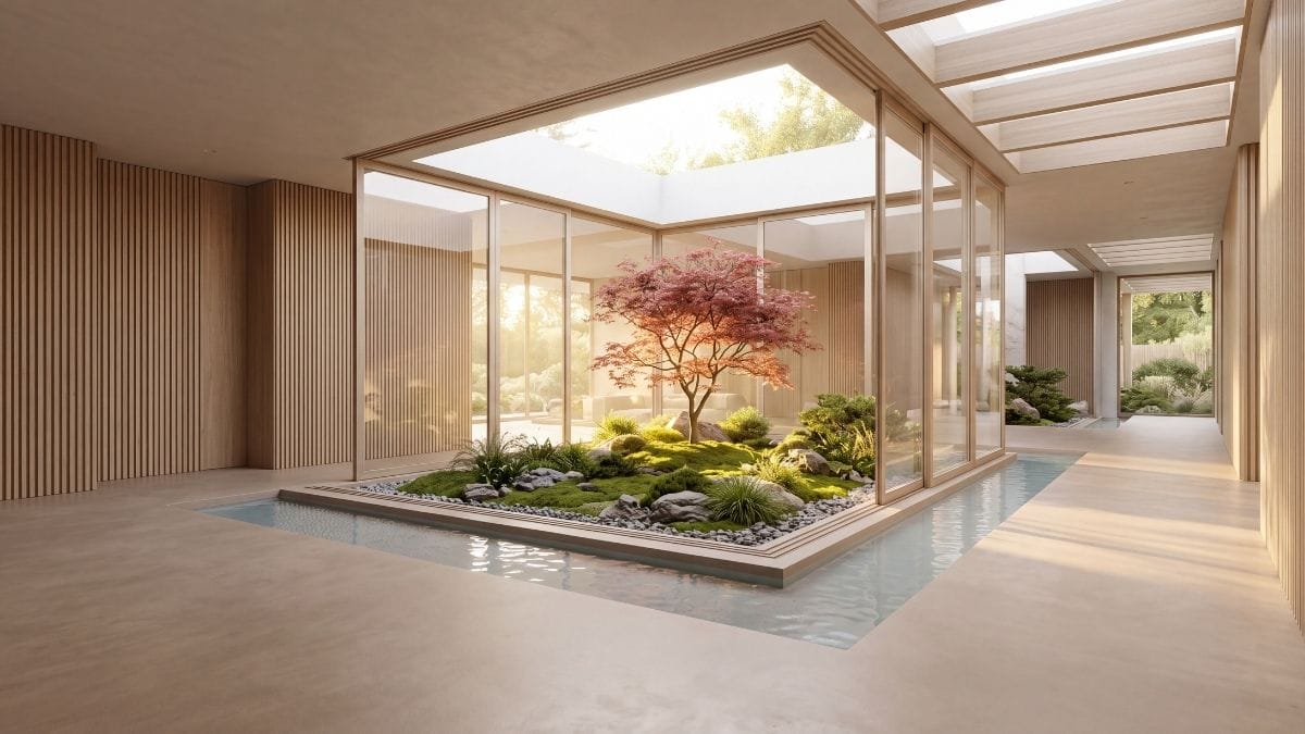 Biophilic luxury pavilion with light oak battens, reflecting water rill, and courtyard maple tree.