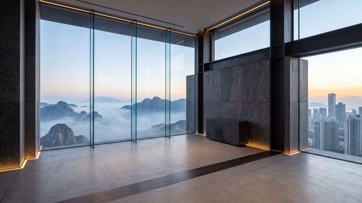 Minimalist industrial-luxury pavilion with blackened steel columns and dark honed granite plinths.