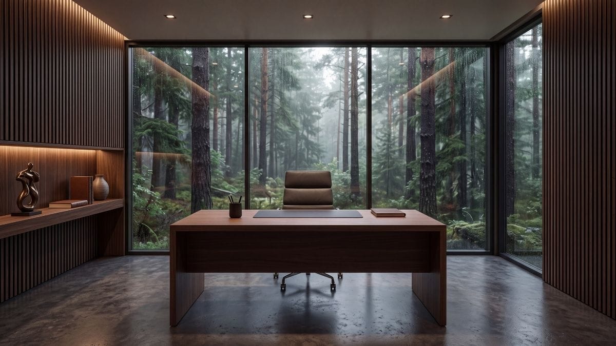 Minimalist executive focus space with acoustic timber panels and glass walls showing cognitive ergonomics.