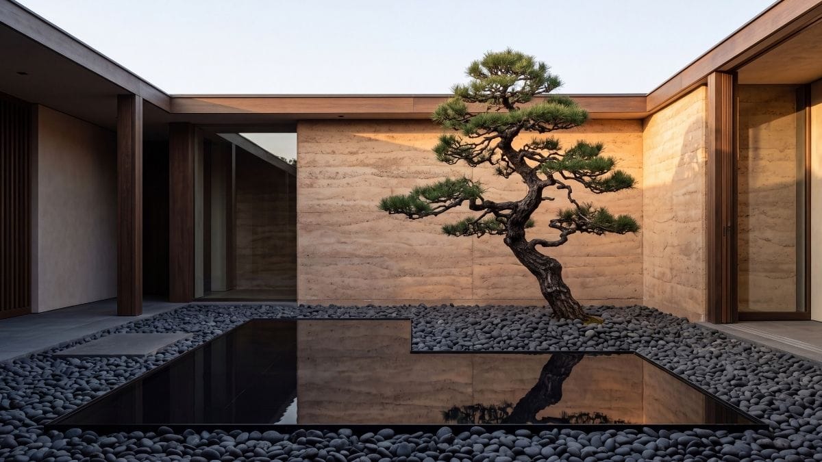 Sculptural Japanese pine in a minimalist courtyard with a black reflection pool, depicting applied situational awareness.