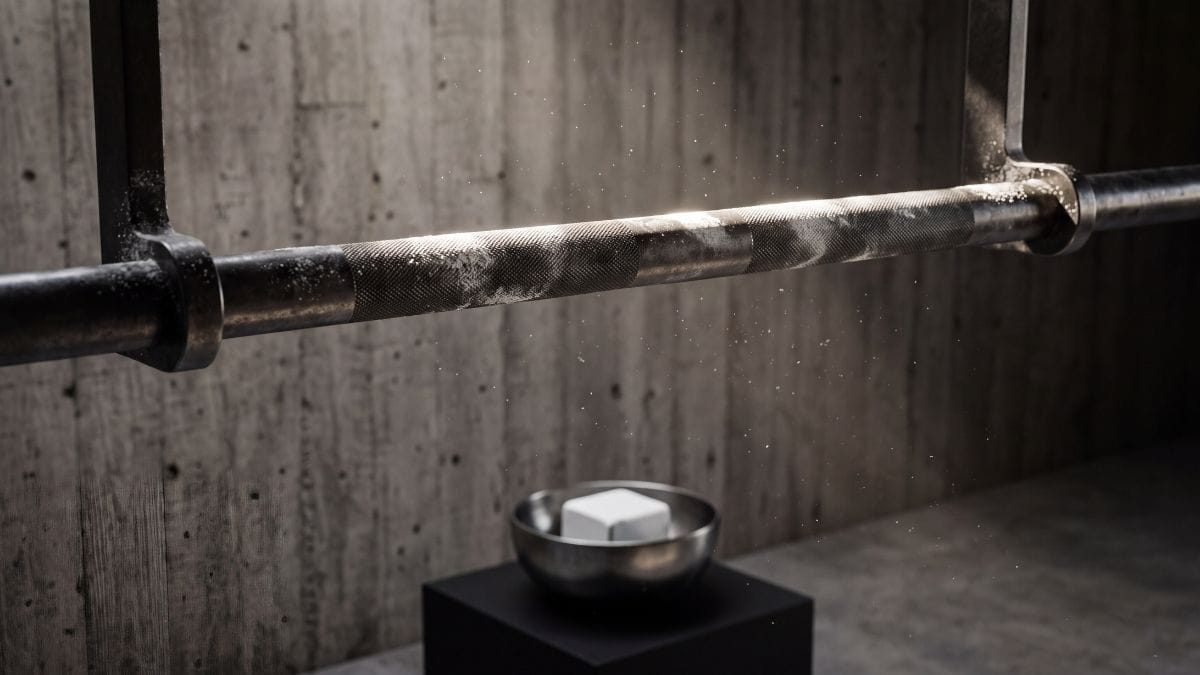 Textured steel pull-up bar dusted with white magnesium chalk in a sunlit brutalist architectural space.