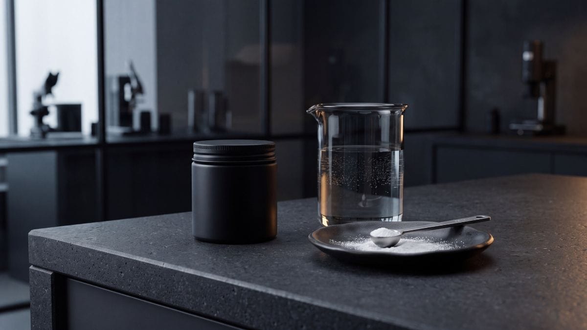 Minimalist dark stone laboratory bench with pure mineral fuel, titanium spoon, and smoked glass beaker.