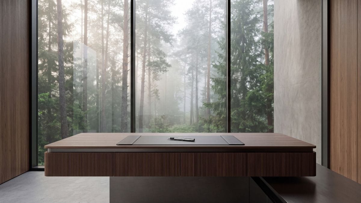Minimalist dark walnut floating executive desk in front of a misty forest, evoking cognitive focus and mental bandwidth.