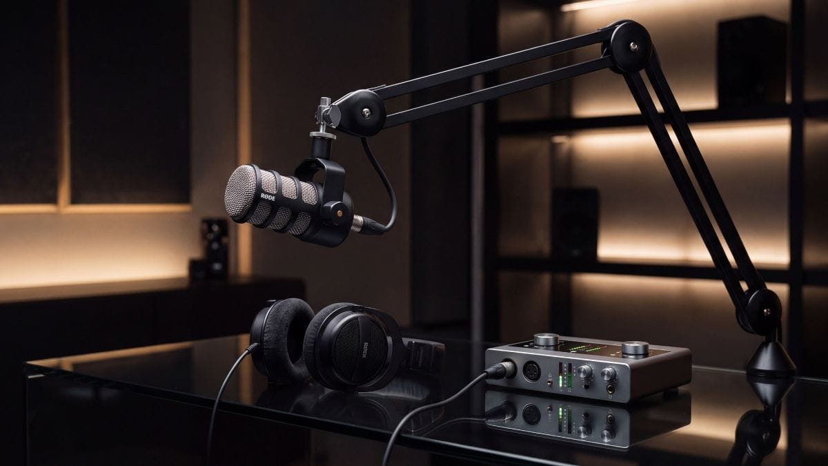 Broadcast dynamic microphone on studio boom arm with monitoring headphones on a minimalist dark glass desk.