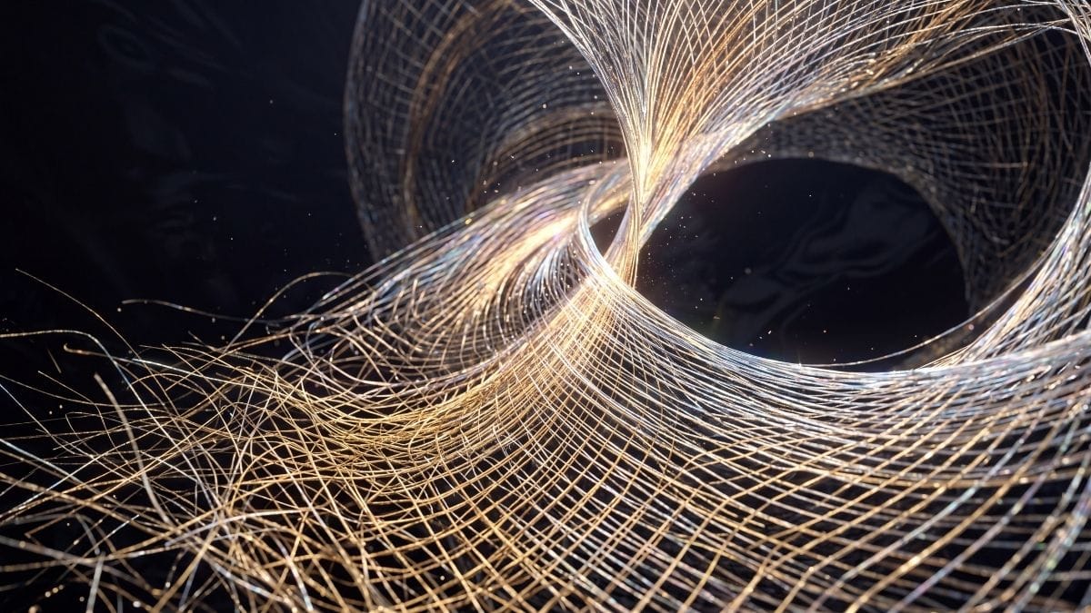 Abstract luminous crystalline threads weaving into a dense golden lattice, symbolizing focused presence.