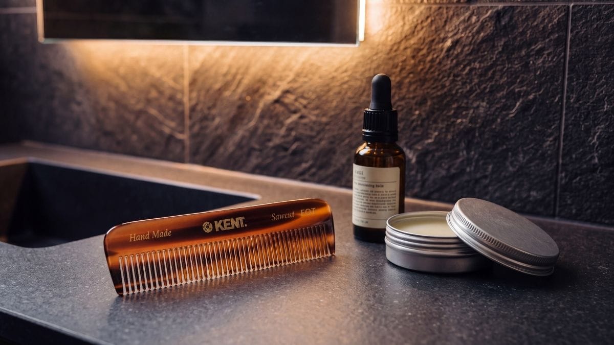 Handmade all fine tooth pocket comb, amber dropper bottle, and balm tin on dark granite vanity counter.