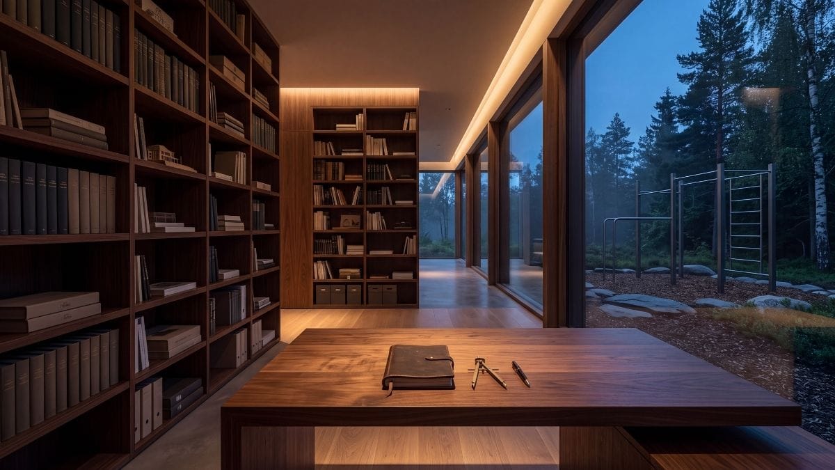 Luxury executive study and archive overlooking an outdoor steel calisthenics bar at tranquil twilight.
