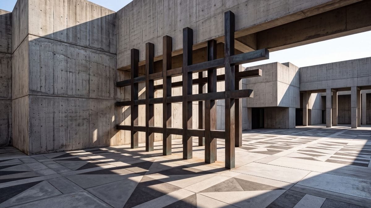 Sculptural geometric steel and bronze grid structure casting linear shadows across modern brutalist courtyard.