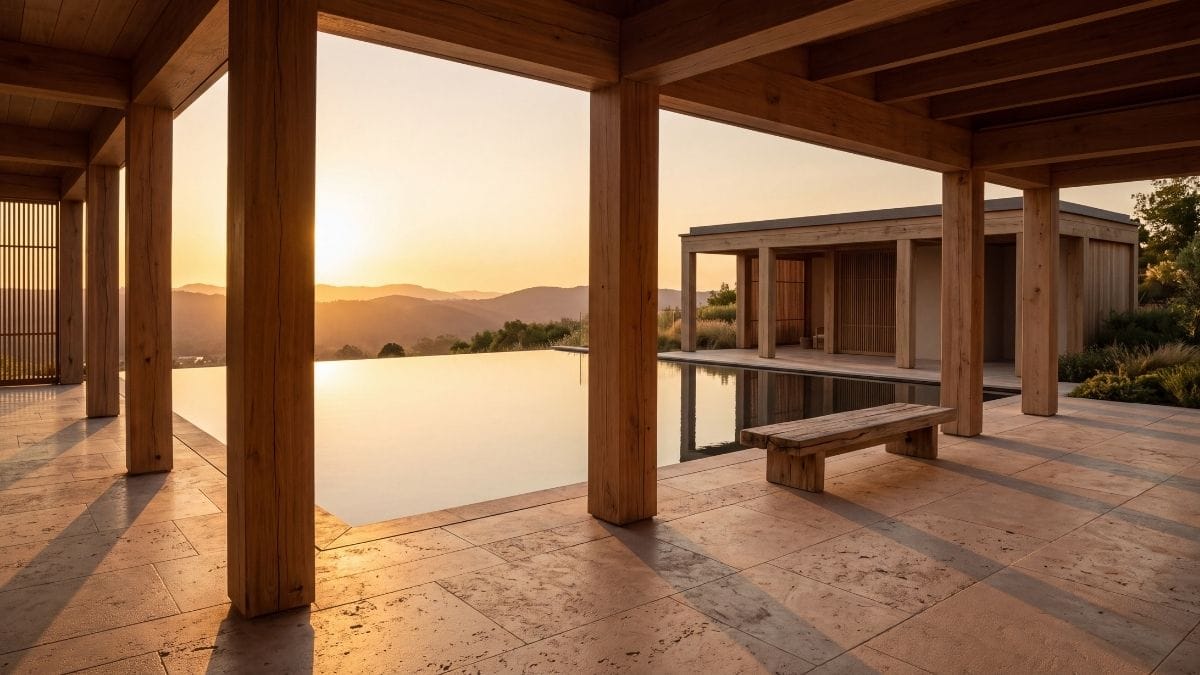 Golden hour sunlit timber and stone pavilion with still reflection pool, evoking warmth, calm, and joy.